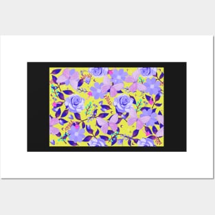 Purple Flora and Fauna Butterflies and Flowers on Chartreuse Yellow Posters and Art